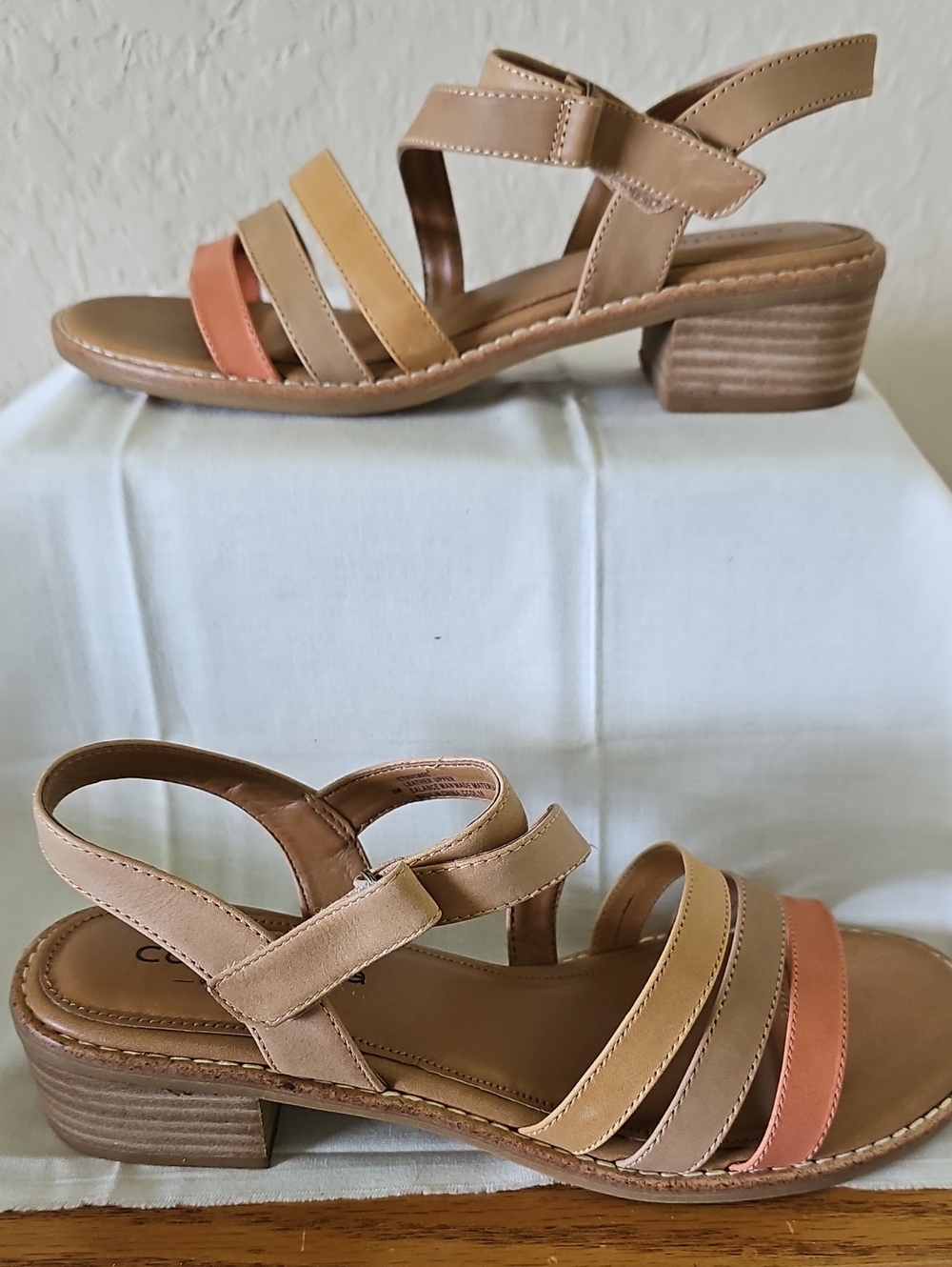 Comfortiva Women’s Neutral Multi-Strip Block Heel Sandal - Tan & Coral